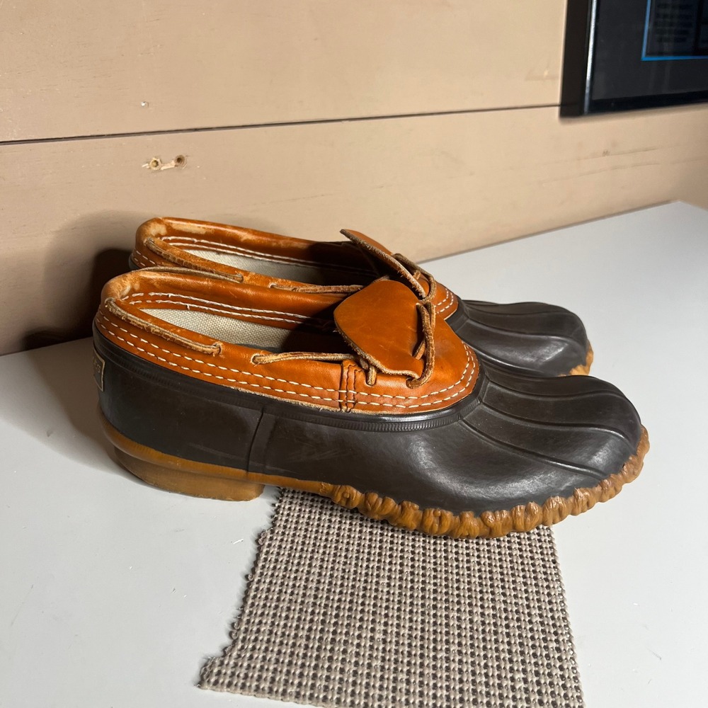 LL Bean Boots Rubber Moc Brown Tan Leather Duck Shoes Made in USA Mens 9